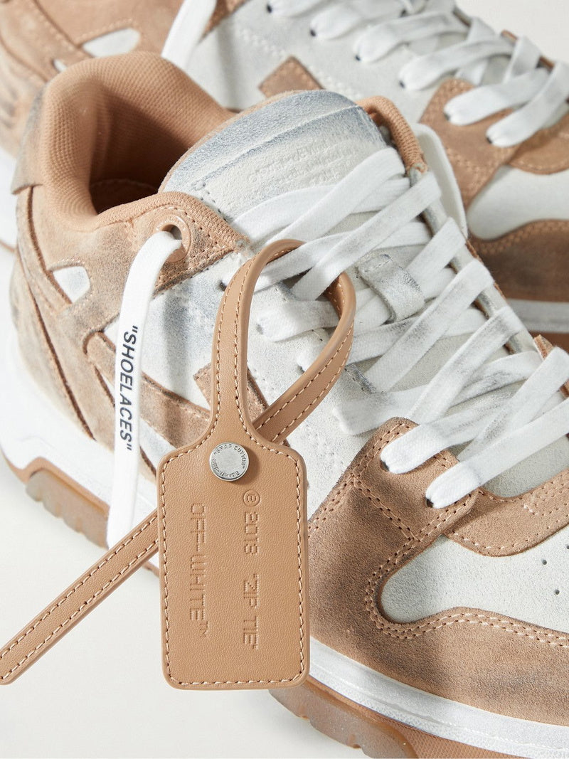 Off White Out Off Office Distressed Leather-Trimmed Suide Brown Sneakers