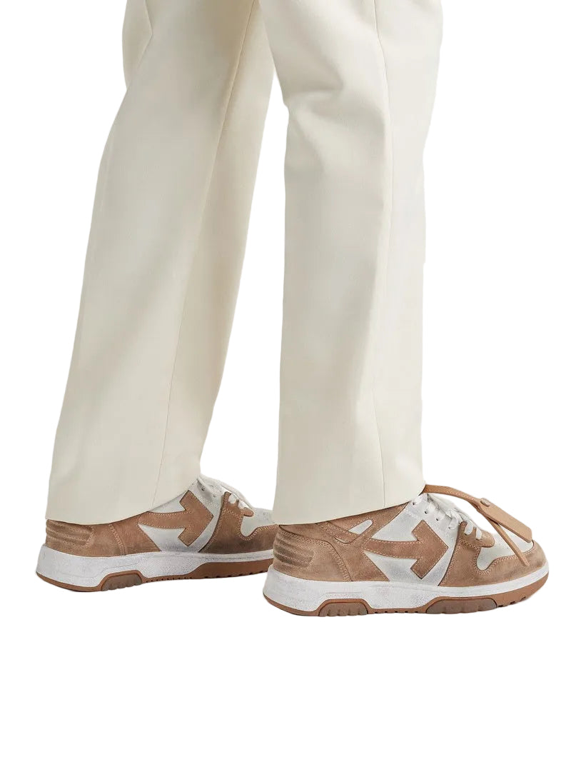 Off White Out Off Office Distressed Leather-Trimmed Suide Brown Sneakers