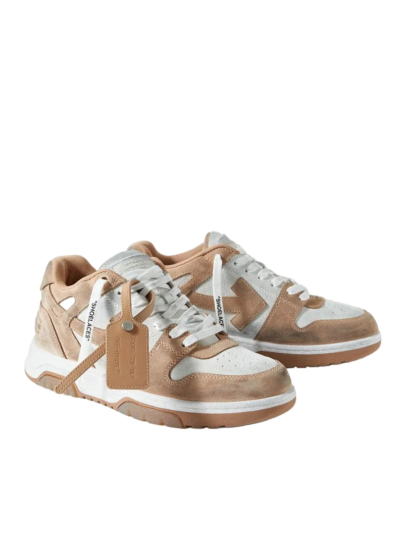 Off White Out Off Office Distressed Leather-Trimmed Suide Brown Sneakers
